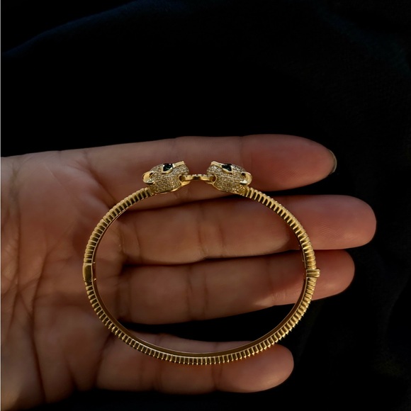 14K Yellow Gold Double Panther Head Diamond Bangle Bracelet - Picture 5 of 6